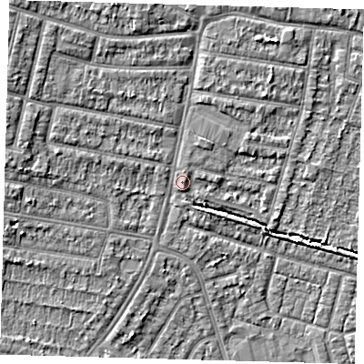 Shaded relief map of the ground around EN34EJ, computed from Environment Agency LiDAR. The ground here sits at about 15 m above sea level and falls 6 m across the surrounding 800 m. Surface water reaching this point runs off ground lying to the north-west, 4.0 m higher.