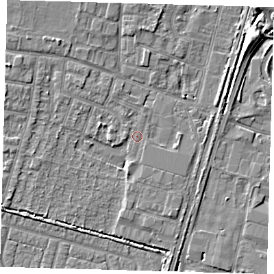 Shaded relief map of the ground around EN34FJ, computed from Environment Agency LiDAR. The ground here sits at about 14 m above sea level and falls 11 m across the surrounding 800 m. The ground contributing surface water to this point lies to the south-south-east.