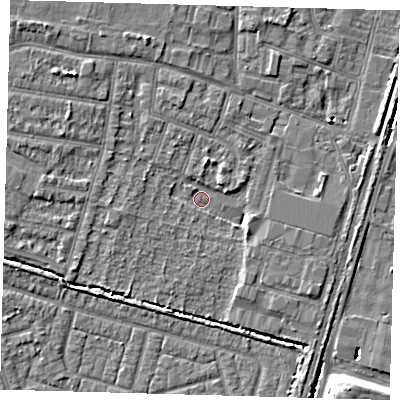 Shaded relief map of the ground around EN34GF, computed from Environment Agency LiDAR. The ground here sits at about 13 m above sea level and falls 8 m across the surrounding 800 m. Surface water reaching this point runs off ground lying to the north-west, 4.0 m higher.
