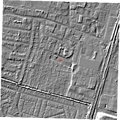 Shaded relief map of the ground around EN34GG, computed from Environment Agency LiDAR. The ground here sits at about 13 m above sea level and falls 8 m across the surrounding 800 m. Surface water reaching this point runs off ground lying to the north-west, 4.0 m higher.