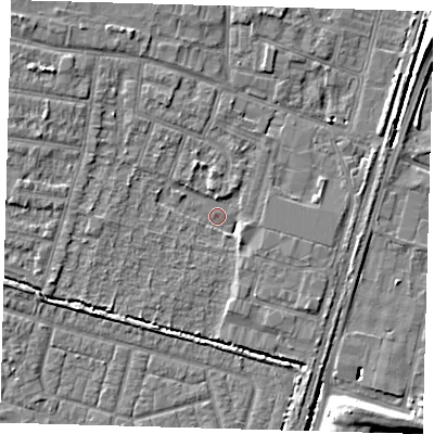 Shaded relief map of the ground around EN34GH, computed from Environment Agency LiDAR. The ground here sits at about 13 m above sea level and falls 9 m across the surrounding 800 m. Surface water reaching this point runs off ground lying to the west-south-west, 0.9 m higher.