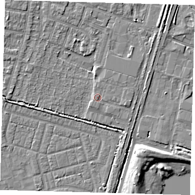 Shaded relief map of the ground around EN34LE, computed from Environment Agency LiDAR. The ground here sits at about 14 m above sea level and falls 8 m across the surrounding 800 m. Surface water reaching this point runs off ground lying to the east-south-east, 1.1 m higher.