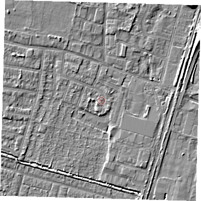 Shaded relief map of the ground around EN34LT, computed from Environment Agency LiDAR. The ground here sits at about 14 m above sea level and falls 11 m across the surrounding 800 m. Surface water reaching this point runs off ground lying to the north-north-west, 1.0 m higher.
