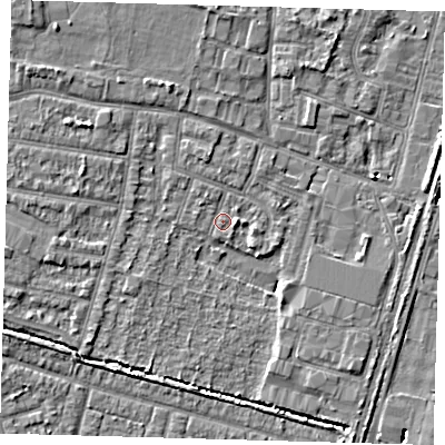 Shaded relief map of the ground around EN34LU, computed from Environment Agency LiDAR. The ground here sits at about 14 m above sea level and falls 8 m across the surrounding 800 m. Surface water reaching this point runs off ground lying to the north-north-west, 1.7 m higher.