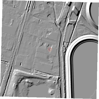 Shaded relief map of the ground around EN34NQ, computed from Environment Agency LiDAR. The ground here sits at about 13 m above sea level and falls 14 m across the surrounding 800 m. Surface water reaching this point runs off ground lying to the east-north-east, 1.3 m higher.