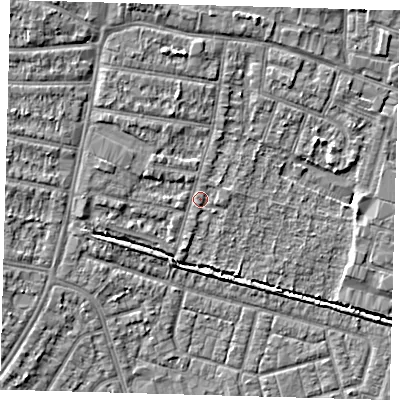 Shaded relief map of the ground around EN34NX, computed from Environment Agency LiDAR. The ground here sits at about 14 m above sea level and falls 6 m across the surrounding 800 m. Surface water reaching this point runs off ground lying to the north-east, 1.1 m higher.