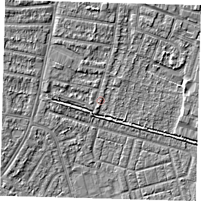 Shaded relief map of the ground around EN34NY, computed from Environment Agency LiDAR. The ground here sits at about 14 m above sea level and falls 5 m across the surrounding 800 m. Surface water reaching this point runs off ground lying to the north-north-west, 3.4 m higher.