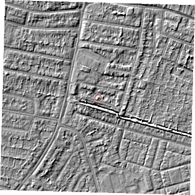 Shaded relief map of the ground around EN34NZ, computed from Environment Agency LiDAR. The ground here sits at about 14 m above sea level and falls 5 m across the surrounding 800 m. Surface water reaching this point runs off ground lying to the west-north-west, 1.4 m higher.