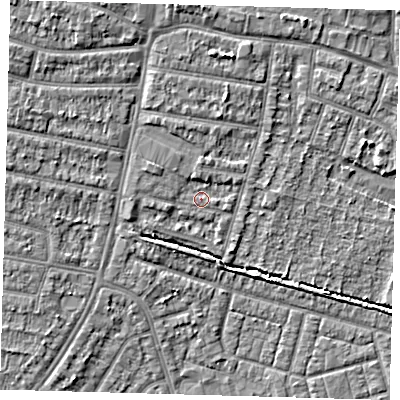 Shaded relief map of the ground around EN34PA, computed from Environment Agency LiDAR. The ground here sits at about 14 m above sea level and falls 6 m across the surrounding 800 m. Surface water reaching this point runs off ground lying to the north-north-west, 2.0 m higher.