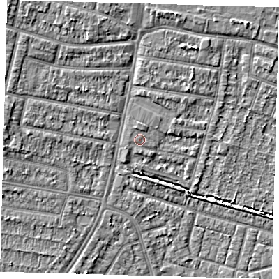 Shaded relief map of the ground around EN34PB, computed from Environment Agency LiDAR. The ground here sits at about 15 m above sea level and falls 7 m across the surrounding 800 m. Surface water reaching this point runs off ground lying to the north-north-west, 0.8 m higher.