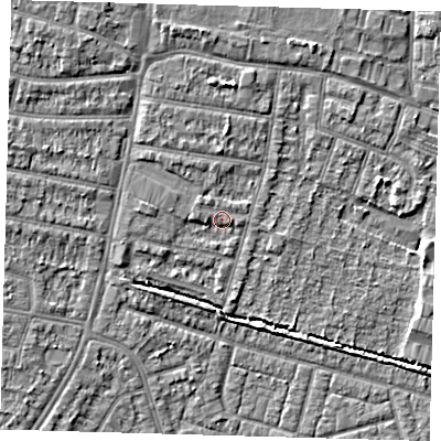 Shaded relief map of the ground around EN34PQ, computed from Environment Agency LiDAR. The ground here sits at about 15 m above sea level and falls 6 m across the surrounding 800 m. Surface water reaching this point runs off ground lying to the north-west, 2.0 m higher.
