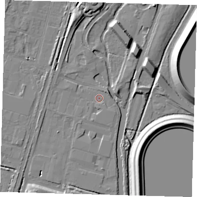 Shaded relief map of the ground around EN34TA, computed from Environment Agency LiDAR. The ground here sits at about 13 m above sea level and falls 14 m across the surrounding 800 m. Surface water reaching this point runs off ground lying to the south-south-west, 1.5 m higher.