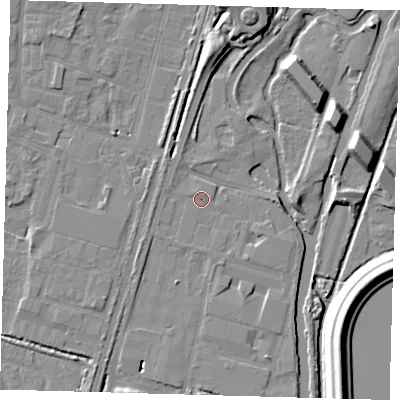 Shaded relief map of the ground around EN34TD, computed from Environment Agency LiDAR. The ground here sits at about 13 m above sea level and falls 14 m across the surrounding 800 m. Surface water reaching this point runs off ground lying to the north-west, 0.9 m higher.