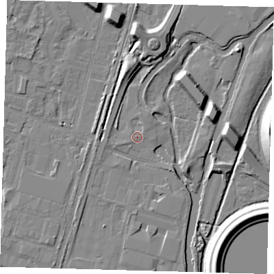Shaded relief map of the ground around EN34TF, computed from Environment Agency LiDAR. The ground here sits at about 14 m above sea level and falls 13 m across the surrounding 800 m. Surface water reaching this point runs off ground lying to the north-north-west, 2.6 m higher.