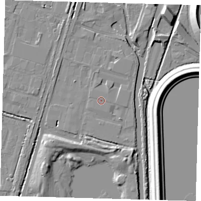 Shaded relief map of the ground around EN34TW, computed from Environment Agency LiDAR. The ground here sits at about 14 m above sea level and falls 14 m across the surrounding 800 m. The ground contributing surface water to this point lies to the west-north-west.