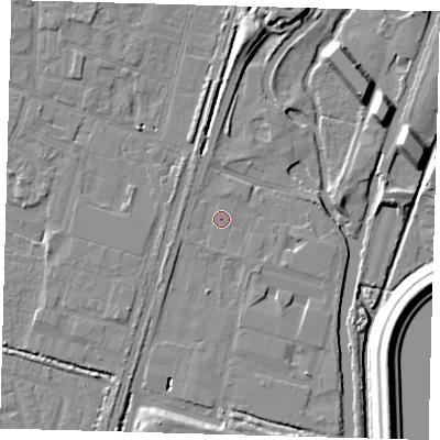 Shaded relief map of the ground around EN34TY, computed from Environment Agency LiDAR. The ground here sits at about 13 m above sea level and falls 14 m across the surrounding 800 m. Surface water reaching this point runs off ground lying to the north, 6.3 m higher.