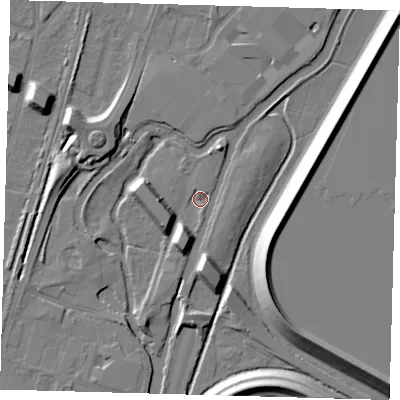 Shaded relief map of the ground around EN34XX, computed from Environment Agency LiDAR. The ground here sits at about 13 m above sea level and falls 12 m across the surrounding 800 m. Surface water reaching this point runs off ground lying to the south-south-west, 6.0 m higher.