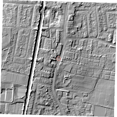 Shaded relief map of the ground around EN35AX, computed from Environment Agency LiDAR. The ground here sits at about 21 m above sea level and falls 10 m across the surrounding 800 m. Surface water reaching this point runs off ground lying to the west, 4.0 m higher.