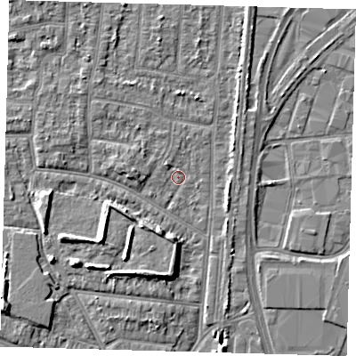 Shaded relief map of the ground around EN35DQ, computed from Environment Agency LiDAR. The ground here sits at about 16 m above sea level and falls 8 m across the surrounding 800 m. Surface water reaching this point runs off ground lying to the west-north-west, 2.7 m higher.