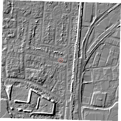 Shaded relief map of the ground around EN35DS, computed from Environment Agency LiDAR. The ground here sits at about 16 m above sea level and falls 6 m across the surrounding 800 m. Surface water reaching this point runs off ground lying to the south-west, 2.5 m higher.