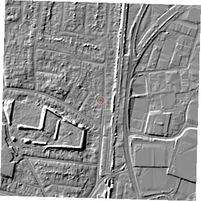Shaded relief map of the ground around EN35EP, computed from Environment Agency LiDAR. The ground here sits at about 16 m above sea level and falls 8 m across the surrounding 800 m. Surface water reaching this point runs off ground lying to the west-north-west, 2.7 m higher.