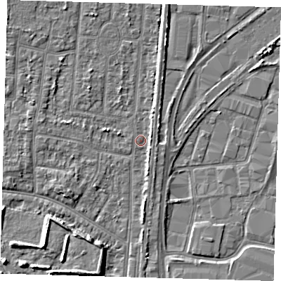 Shaded relief map of the ground around EN35ER, computed from Environment Agency LiDAR. The ground here sits at about 16 m above sea level and falls 6 m across the surrounding 800 m. Surface water reaching this point runs off ground lying to the north-west, 2.6 m higher.