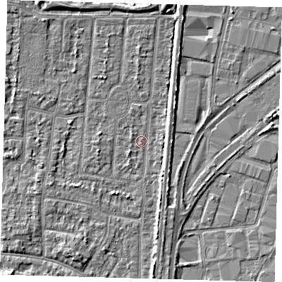 Shaded relief map of the ground around EN35ES, computed from Environment Agency LiDAR. The ground here sits at about 16 m above sea level and falls 5 m across the surrounding 800 m. Surface water reaching this point runs off ground lying to the north-west, 3.4 m higher.