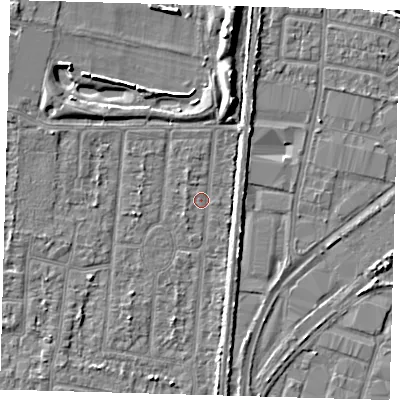 Shaded relief map of the ground around EN35ET, computed from Environment Agency LiDAR. The ground here sits at about 16 m above sea level and falls 8 m across the surrounding 800 m. Surface water reaching this point runs off ground lying to the north, 6.5 m higher.