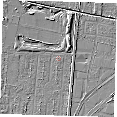 Shaded relief map of the ground around EN35EU, computed from Environment Agency LiDAR. The ground here sits at about 17 m above sea level and falls 8 m across the surrounding 800 m. The ground contributing surface water to this point lies to the north-north-west.