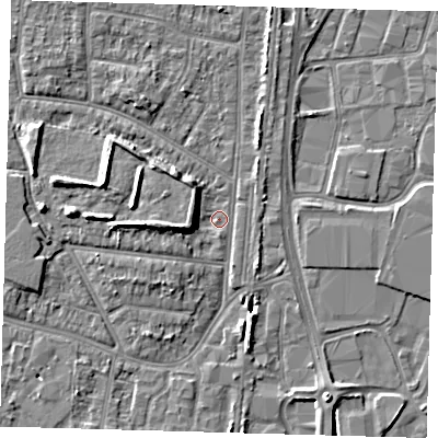 Shaded relief map of the ground around EN35EW, computed from Environment Agency LiDAR. The ground here sits at about 15 m above sea level and falls 8 m across the surrounding 800 m. Surface water reaching this point runs off ground lying to the west-north-west, 5.5 m higher.