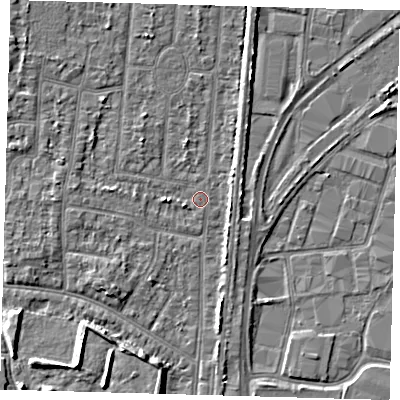 Shaded relief map of the ground around EN35HD, computed from Environment Agency LiDAR. The ground here sits at about 16 m above sea level and falls 6 m across the surrounding 800 m. Surface water reaching this point runs off ground lying to the west-south-west, 1.4 m higher.