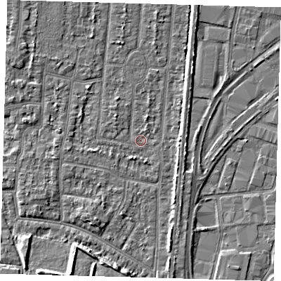 Shaded relief map of the ground around EN35HT, computed from Environment Agency LiDAR. The ground here sits at about 16 m above sea level and falls 6 m across the surrounding 800 m. Surface water reaching this point runs off ground lying to the north-west, 2.6 m higher.