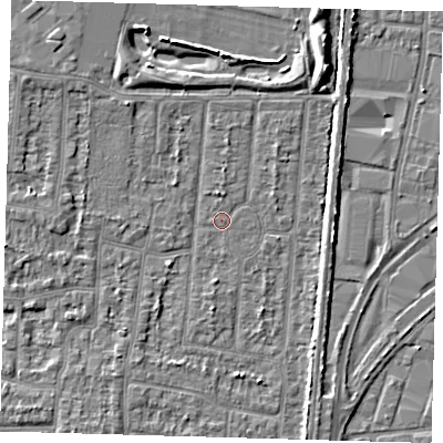 Shaded relief map of the ground around EN35HU, computed from Environment Agency LiDAR. The ground here sits at about 16 m above sea level and falls 6 m across the surrounding 800 m. Surface water reaching this point runs off ground lying to the north-west, 2.9 m higher.