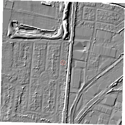 Shaded relief map of the ground around EN35HX, computed from Environment Agency LiDAR. The ground here sits at about 16 m above sea level and falls 8 m across the surrounding 800 m. Surface water reaching this point runs off ground lying to the north, 6.5 m higher.