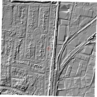 Shaded relief map of the ground around EN35HY, computed from Environment Agency LiDAR. The ground here sits at about 16 m above sea level and falls 4 m across the surrounding 800 m. Surface water reaching this point runs off ground lying to the north-west, 3.4 m higher.
