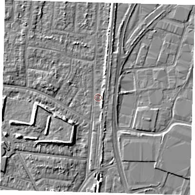 Shaded relief map of the ground around EN35HZ, computed from Environment Agency LiDAR. The ground here sits at about 16 m above sea level and falls 8 m across the surrounding 800 m. Surface water reaching this point runs off ground lying to the west-north-west, 2.7 m higher.