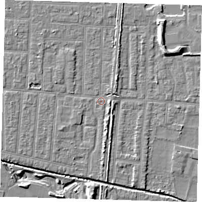 Shaded relief map of the ground around EN36AA, computed from Environment Agency LiDAR. The ground here sits at about 18 m above sea level and falls 8 m across the surrounding 800 m. Surface water reaching this point runs off ground lying to the south, 4.1 m higher.