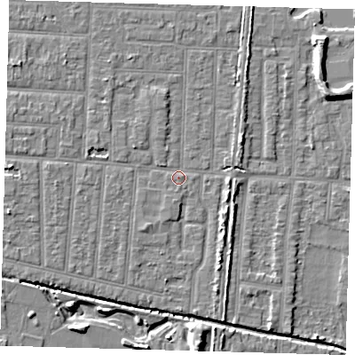 Shaded relief map of the ground around EN36AB, computed from Environment Agency LiDAR. The ground here sits at about 18 m above sea level and falls 8 m across the surrounding 800 m. Surface water reaching this point runs off ground lying to the west, 3.3 m higher.