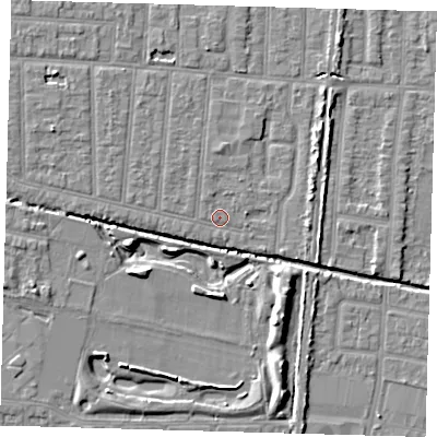 Shaded relief map of the ground around EN36AY, computed from Environment Agency LiDAR. The ground here sits at about 18 m above sea level and falls 7 m across the surrounding 800 m. Surface water reaching this point runs off ground lying to the west-north-west, 2.8 m higher.