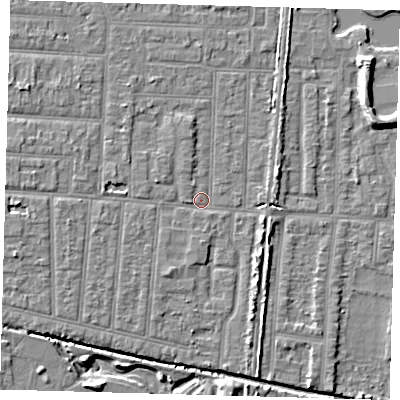 Shaded relief map of the ground around EN36BY, computed from Environment Agency LiDAR. The ground here sits at about 18 m above sea level and falls 7 m across the surrounding 800 m. Surface water reaching this point runs off ground lying to the west, 3.3 m higher.