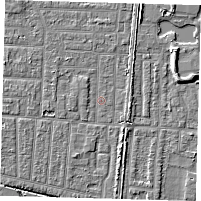 Shaded relief map of the ground around EN36DA, computed from Environment Agency LiDAR. The ground here sits at about 18 m above sea level and falls 7 m across the surrounding 800 m. Surface water reaching this point runs off ground lying to the west-north-west, 1.8 m higher.
