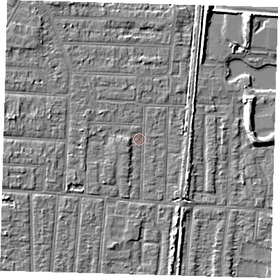 Shaded relief map of the ground around EN36DB, computed from Environment Agency LiDAR. The ground here sits at about 18 m above sea level and falls 7 m across the surrounding 800 m. Surface water reaching this point runs off ground lying to the west-north-west, 1.6 m higher.
