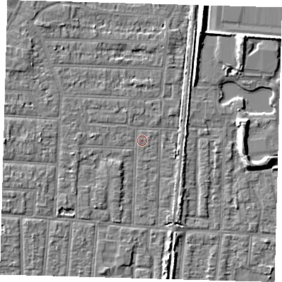 Shaded relief map of the ground around EN36DD, computed from Environment Agency LiDAR. The ground here sits at about 18 m above sea level and falls 8 m across the surrounding 800 m. Surface water reaching this point runs off ground lying to the west, 1.7 m higher.
