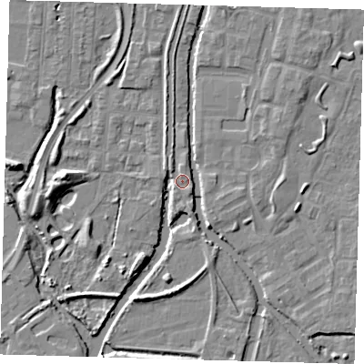 Shaded relief map of the ground around EN36DF, computed from Environment Agency LiDAR. The ground here sits at about 16 m above sea level and falls 7 m across the surrounding 800 m. Surface water reaching this point runs off ground lying to the north-north-west, 1.5 m higher.