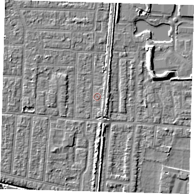 Shaded relief map of the ground around EN36DH, computed from Environment Agency LiDAR. The ground here sits at about 18 m above sea level and falls 7 m across the surrounding 800 m. Surface water reaching this point runs off ground lying to the south, 4.1 m higher.