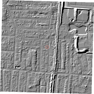Shaded relief map of the ground around EN36DJ, computed from Environment Agency LiDAR. The ground here sits at about 18 m above sea level and falls 8 m across the surrounding 800 m. Surface water reaching this point runs off ground lying to the south, 4.1 m higher.
