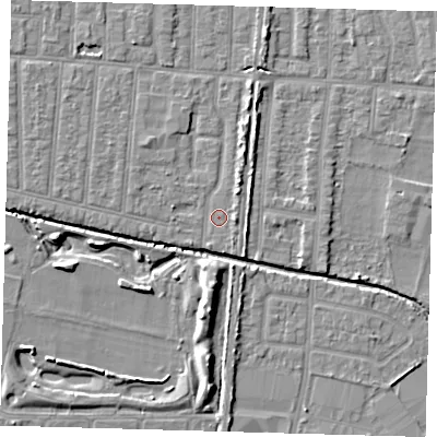 Shaded relief map of the ground around EN36DP, computed from Environment Agency LiDAR. The ground here sits at about 18 m above sea level and falls 8 m across the surrounding 800 m. Surface water reaching this point runs off ground lying to the north-east, 1.8 m higher.
