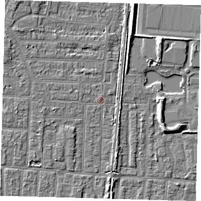 Shaded relief map of the ground around EN36DQ, computed from Environment Agency LiDAR. The ground here sits at about 18 m above sea level and falls 8 m across the surrounding 800 m. Surface water reaching this point runs off ground lying to the south-west, 3.7 m higher.