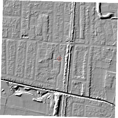 Shaded relief map of the ground around EN36DR, computed from Environment Agency LiDAR. The ground here sits at about 18 m above sea level and falls 8 m across the surrounding 800 m. Surface water reaching this point runs off ground lying to the south-south-east, 2.4 m higher.