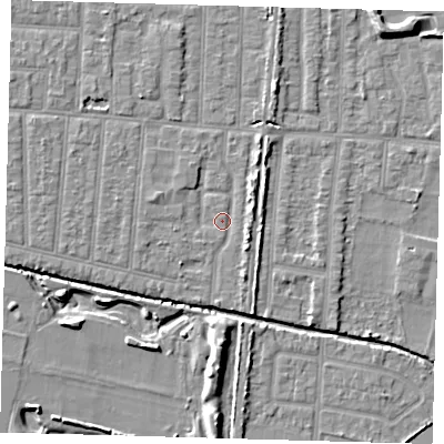 Shaded relief map of the ground around EN36DS, computed from Environment Agency LiDAR. The ground here sits at about 18 m above sea level and falls 8 m across the surrounding 800 m. Surface water reaching this point runs off ground lying to the south-east, 2.4 m higher.